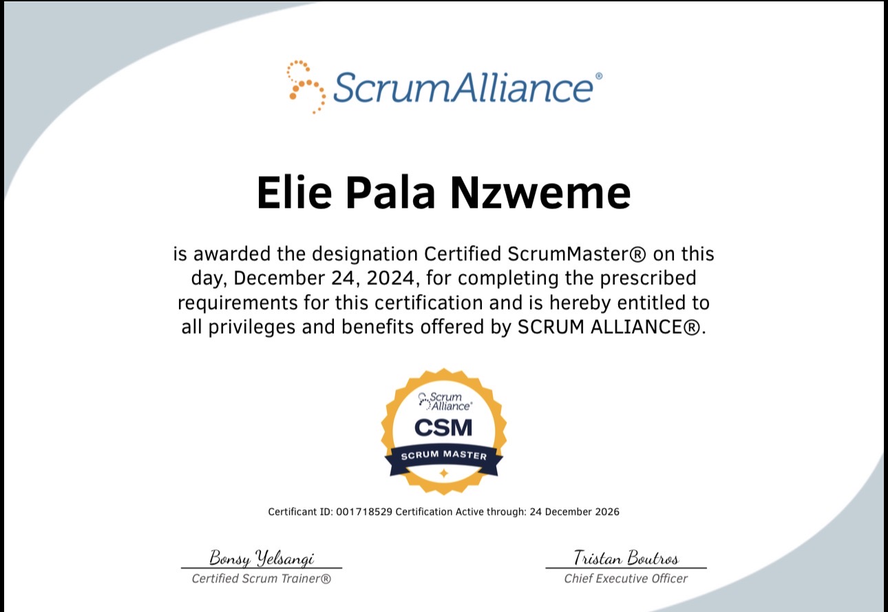 Elie Nzweme Certified ScrumMaster certification from Scrum Alliance